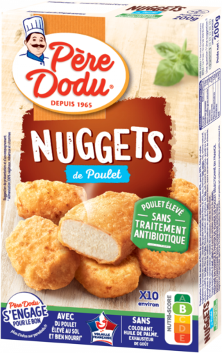 Image du packaging des Nuggets de poulet sans traitement antibiotiques Père Dodu